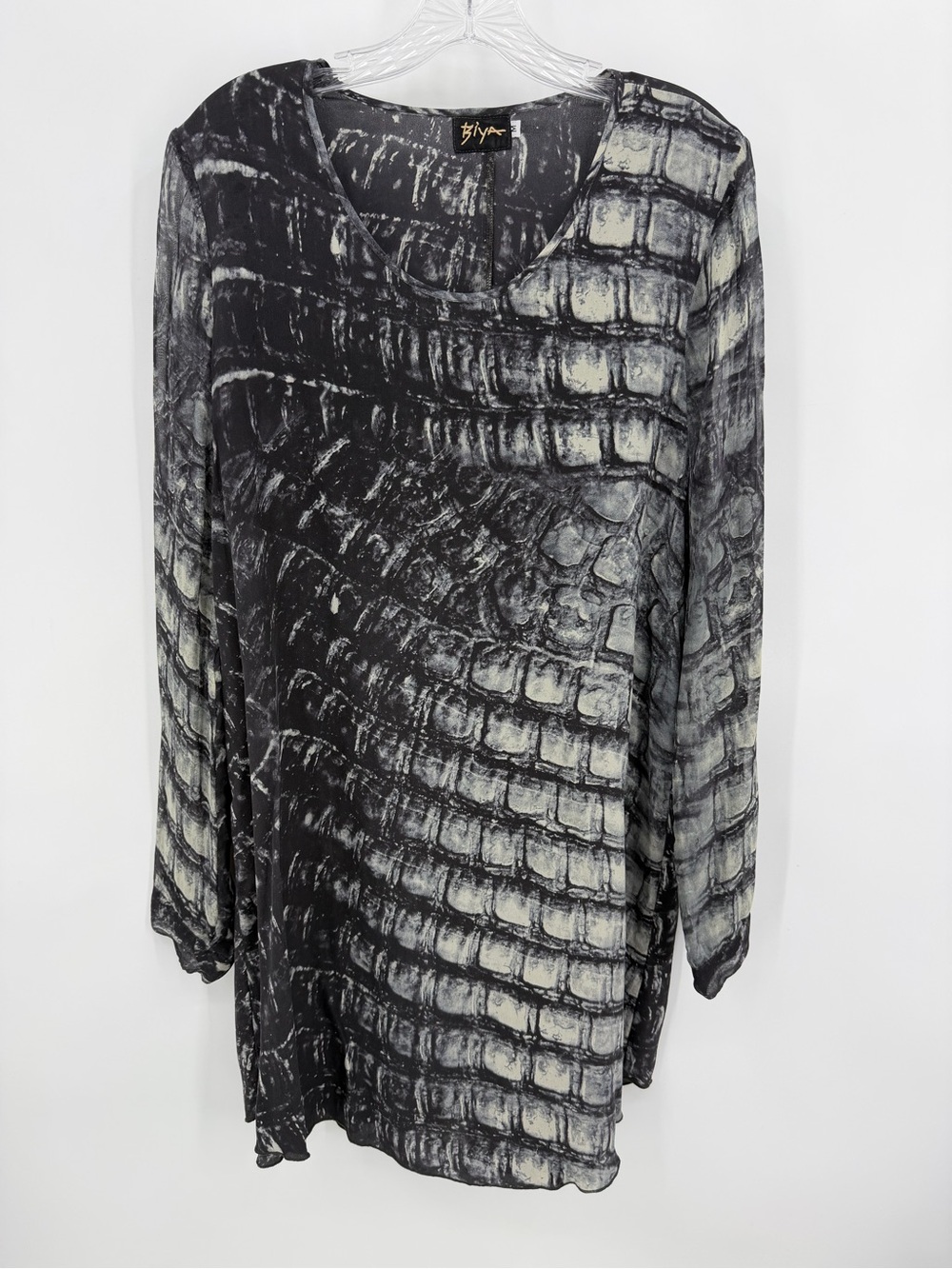 Johnny Was Biya 100% Silk Printed Tunic Dress Black Gray Size M